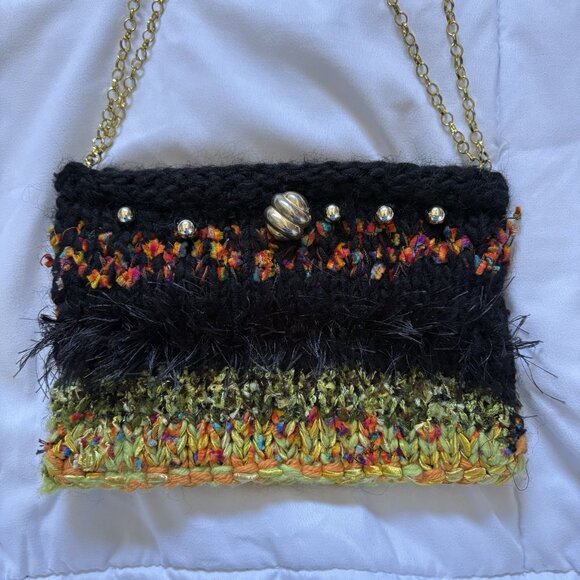 Vintage 90s Y2k Boho Bag Shoulder Fringe Hippie Gold Accents Black Green - Picture 3 of 8
